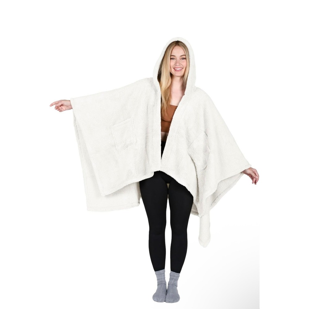 Catalonia Sherpa Fleece Hooded‎ Poncho Wrap Cream White Wearable Blanket Pockets